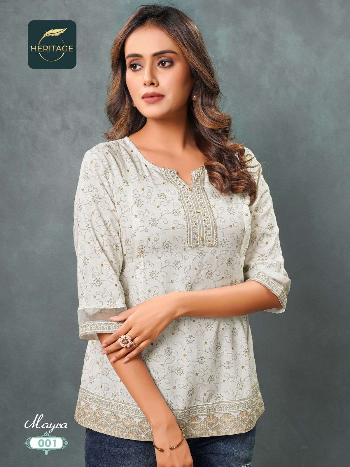 MAYRA RAYON SLUB DESIGNER SHORT KURTAS WITH STYLISH PRINTS ANDHANDWORK BY HARITAGE BRAND 1001
